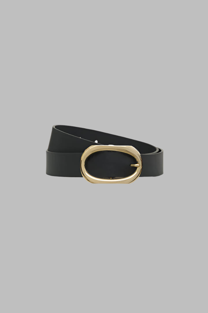 Anine Bing Signature Link Belt in black cow leather, featuring a gold link buckle, front view.
