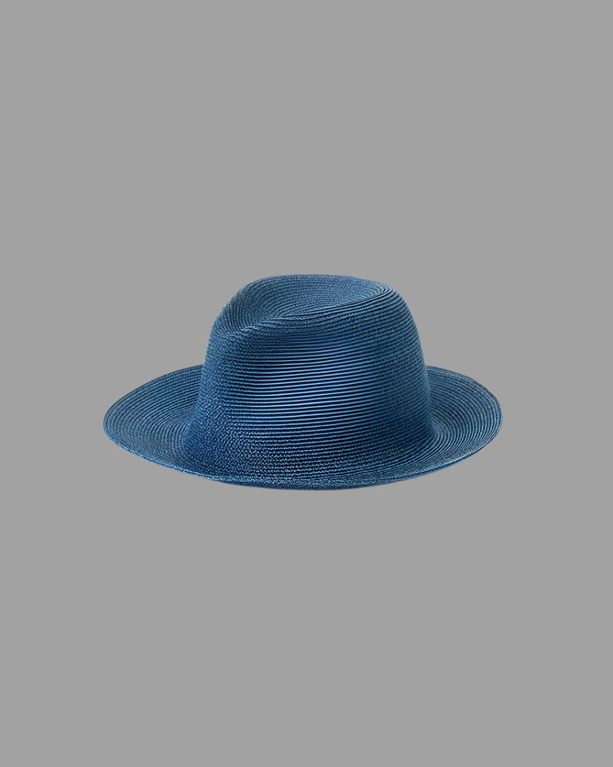 Kijima Takayuki blue Fedora Hat, front view showcasing raffia-polyester texture, embodying timeless elegance.