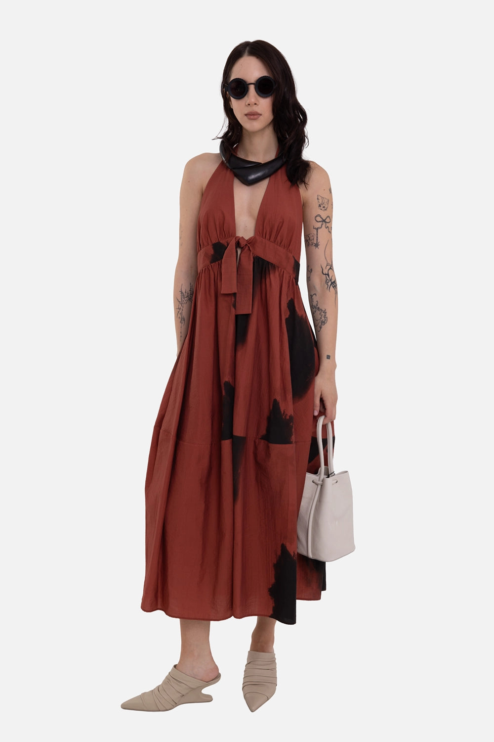 Rust and Black Tie-Front Halter Midi Dress