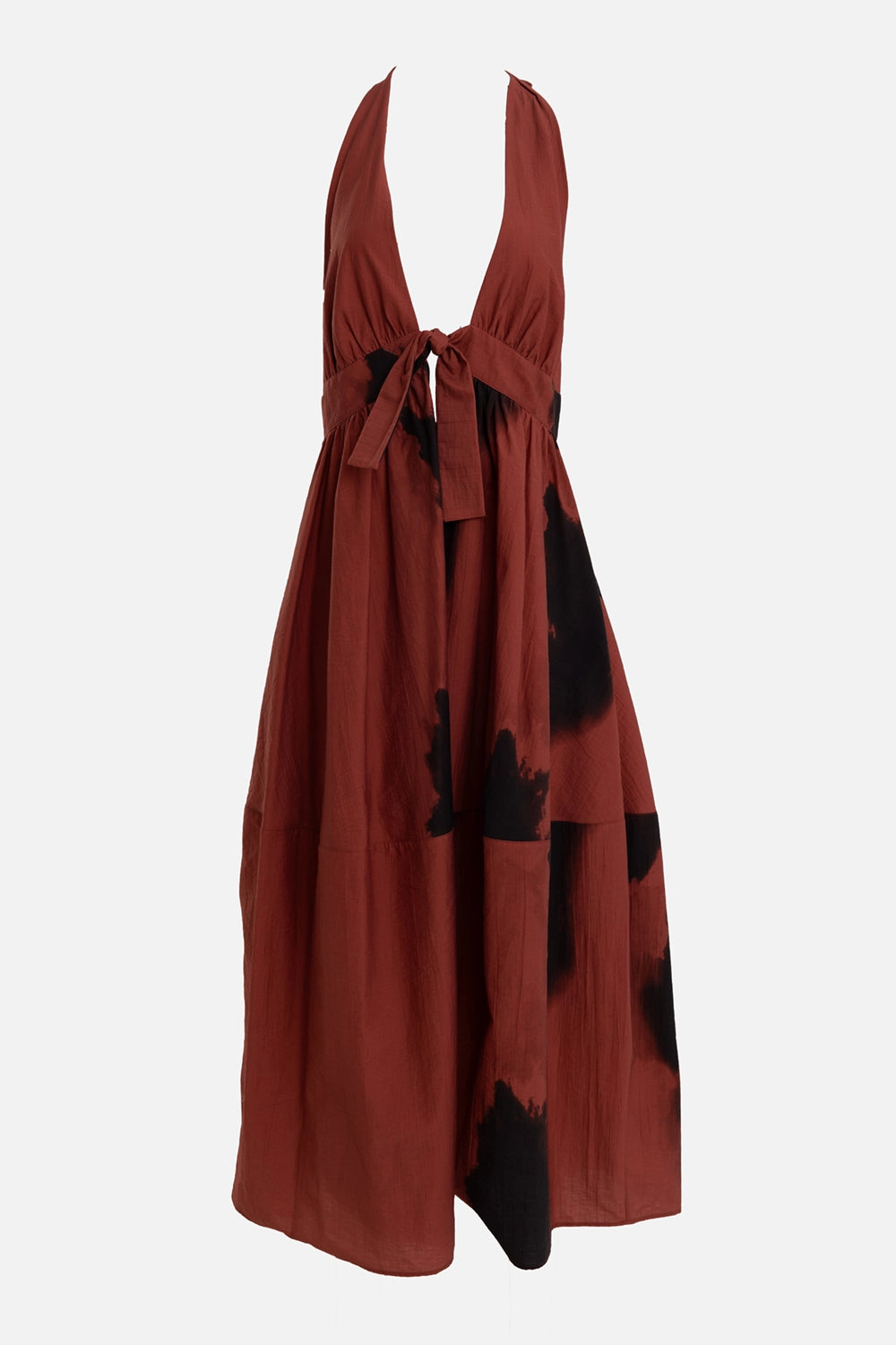 Rust and Black Tie-Front Halter Midi Dress