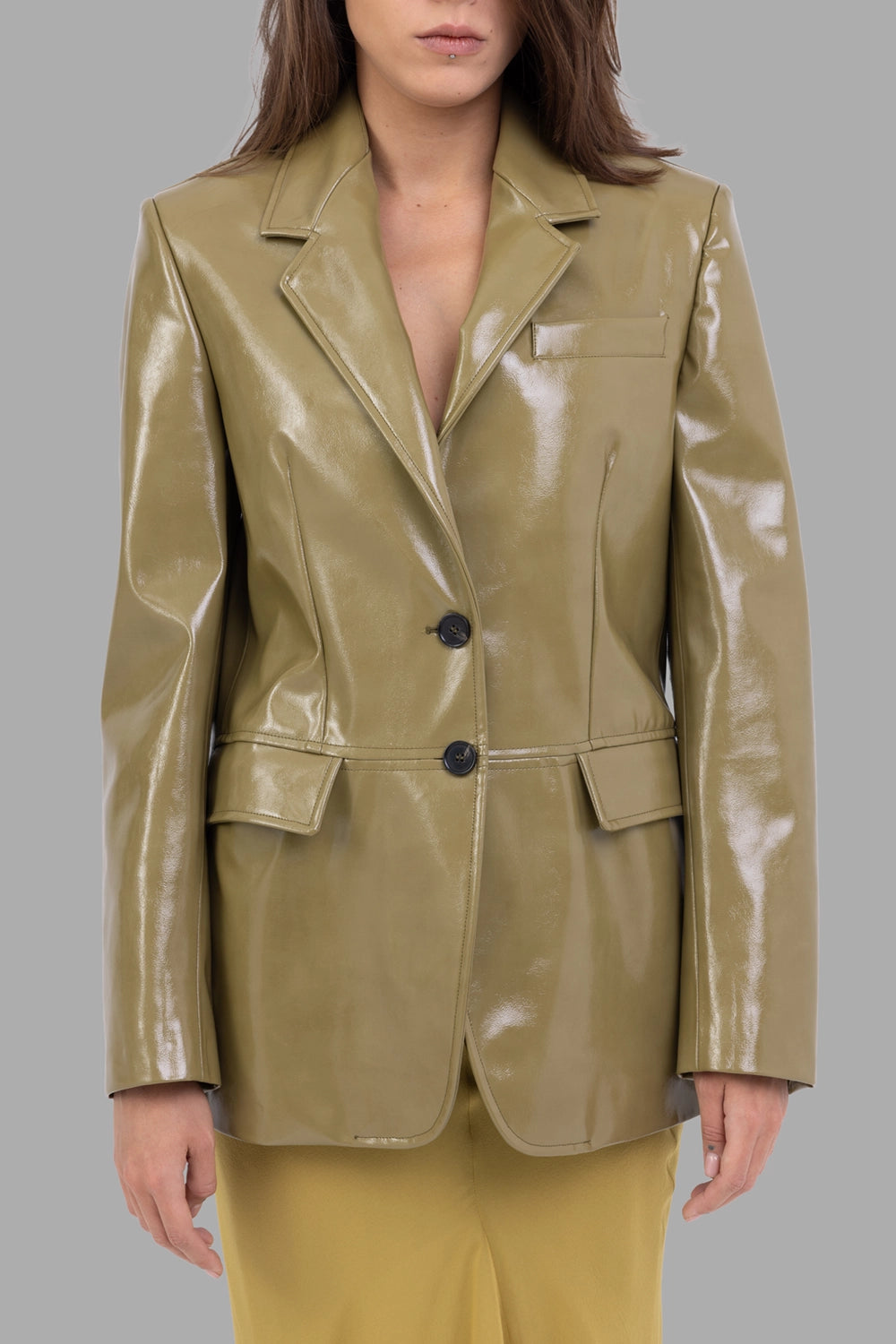 MSGM women's jacket in olive green, front view, single-breasted with flap pockets and chest welt pocket
