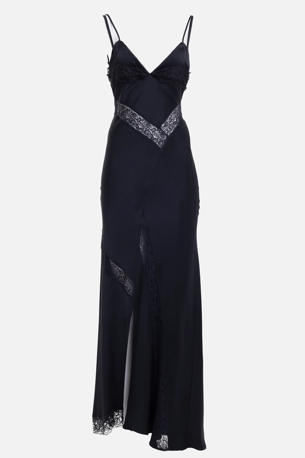 MSGM women's lace-panel satin maxi dress in Black, front view, V-neck lace inserts and front slit