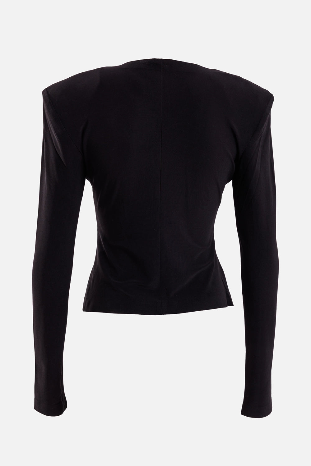 Norma Kamali women's black shoulder-pad top, back view with center seam, defined shoulders and fitted waist