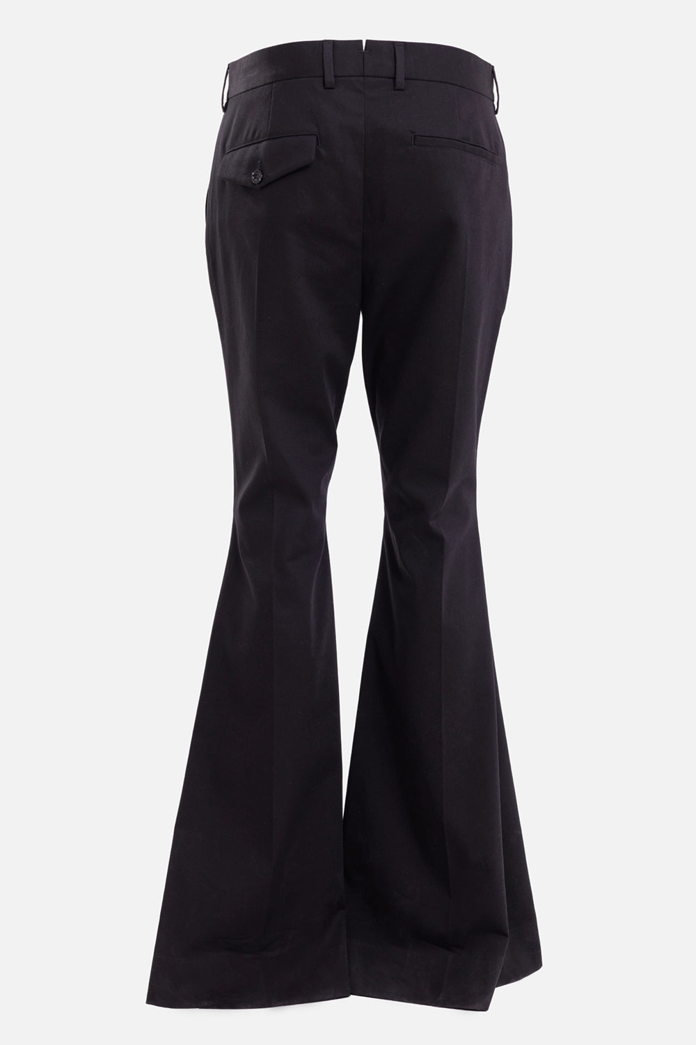 Ann Demeulemeester women's bootcut trousers in black, back view with welt and buttoned flap pockets