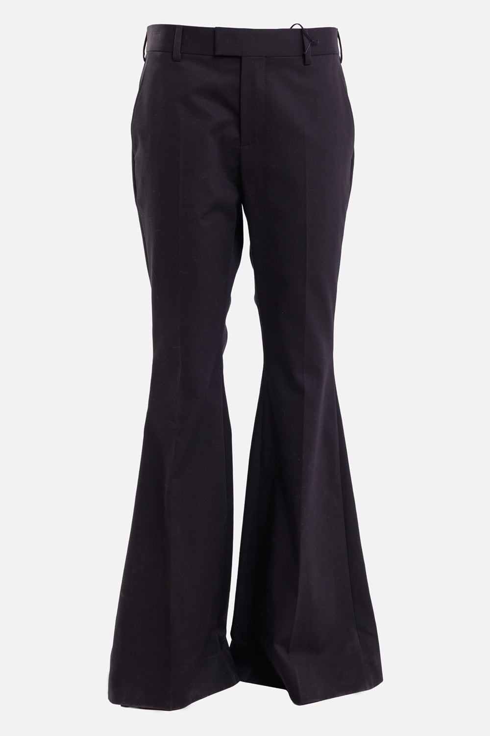Ann Demeulemeester women's bootcut trousers in black, front view with belt loops and pressed leg creases