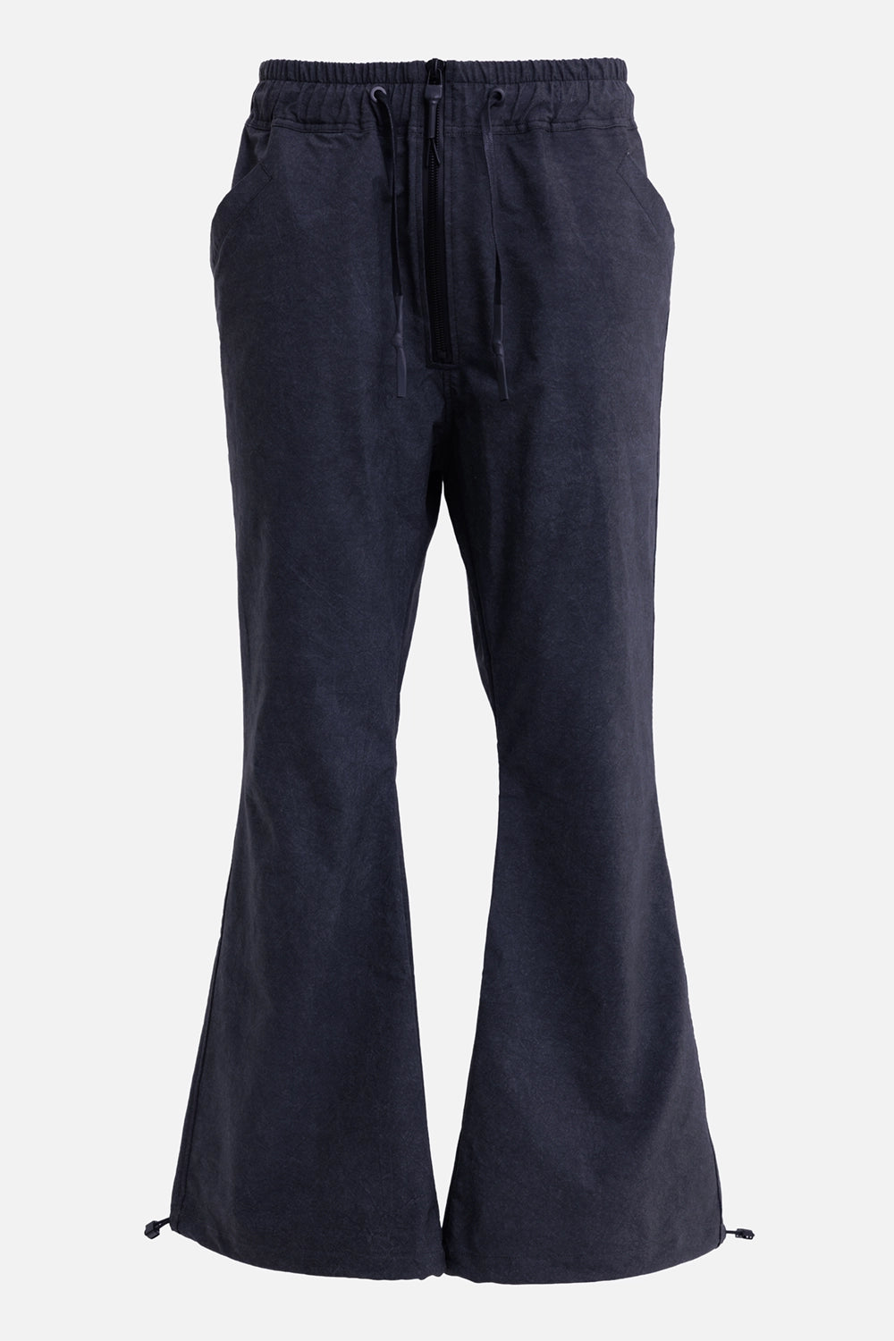 Justin Gall men's after flow pants in black enzyme, front view with exposed zip closure and flared legs