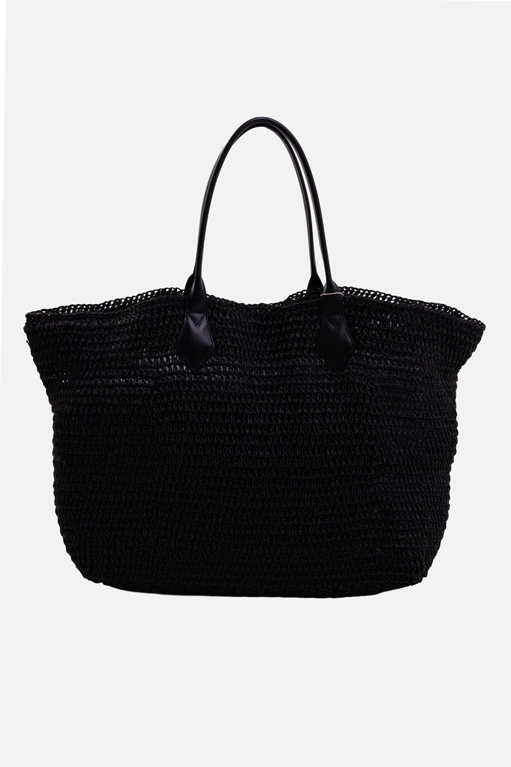 Vivienne Westwood women's tote bag in black, back view with raffia-effect weave and twin leather handles