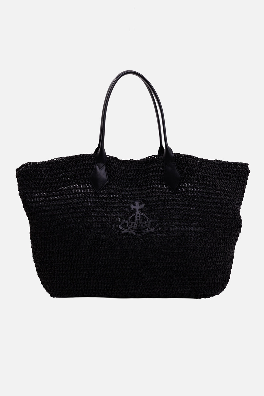 Vivienne Westwood women's tote bag in black, front view with tonal Orb appliqué and twin leather handles