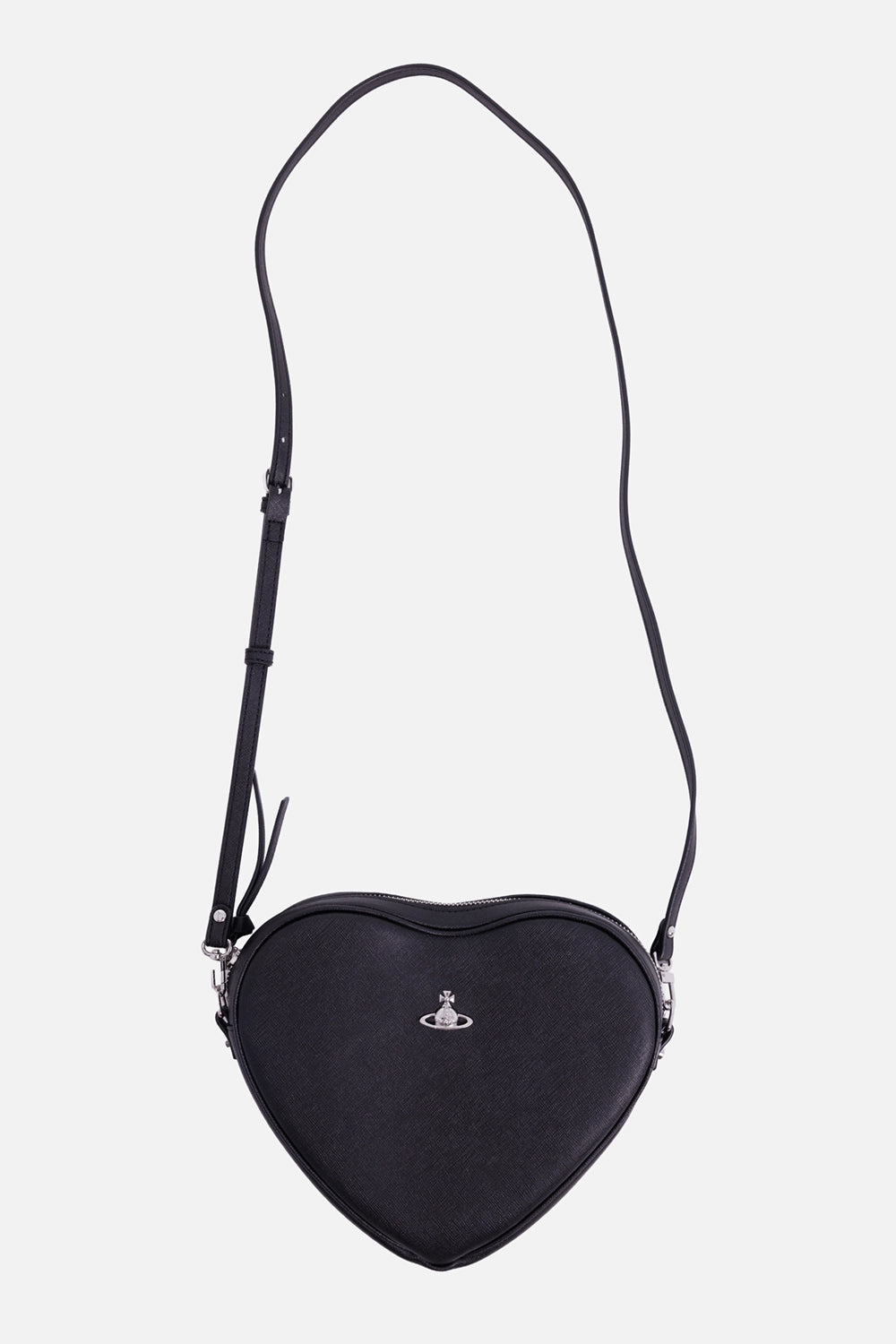 Vivienne Westwood women's black Alexa Heart crossbody bag, full front view with long adjustable strap