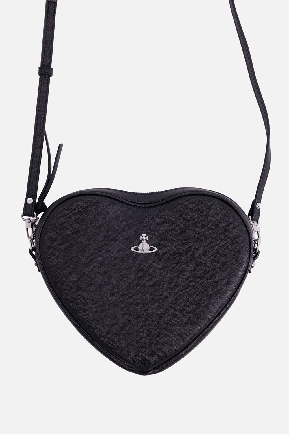 Vivienne Westwood women's black Alexa Heart crossbody bag, front view with polished silver-tone Orb plaque
