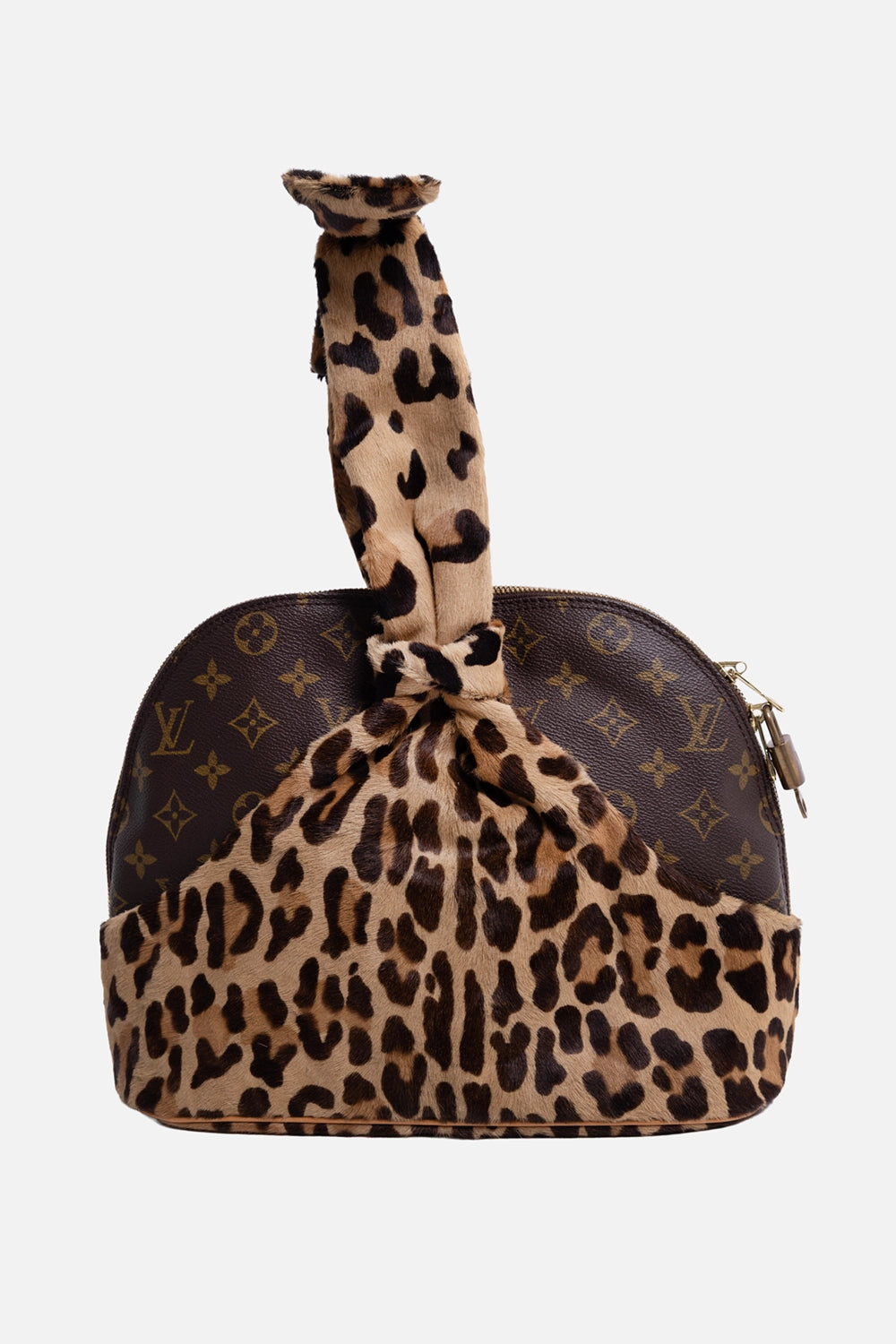 Pre-owned Louis Vuitton Alma bag in monogram brown, front view, leopard pony-hair wrap with padlock at zip end

