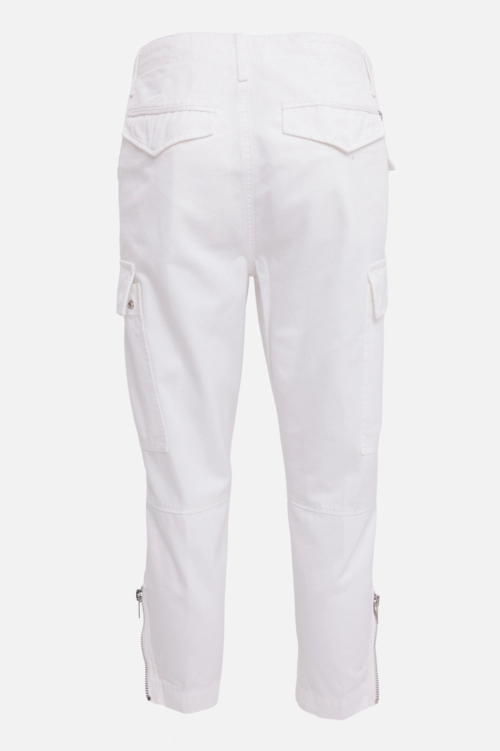 Dondup women's cargo pants in white, back view with rear flap pockets, cargo pocket and ankle zips