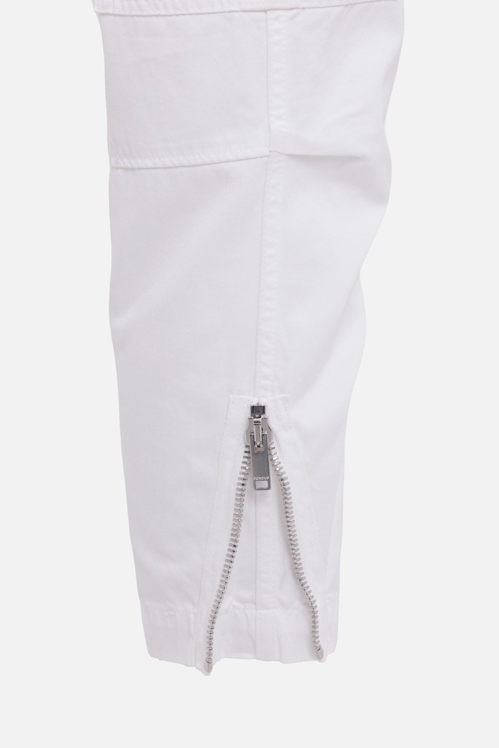 Dondup women's cargo pants in white, zipper detail with silver ankle zip and panel seam