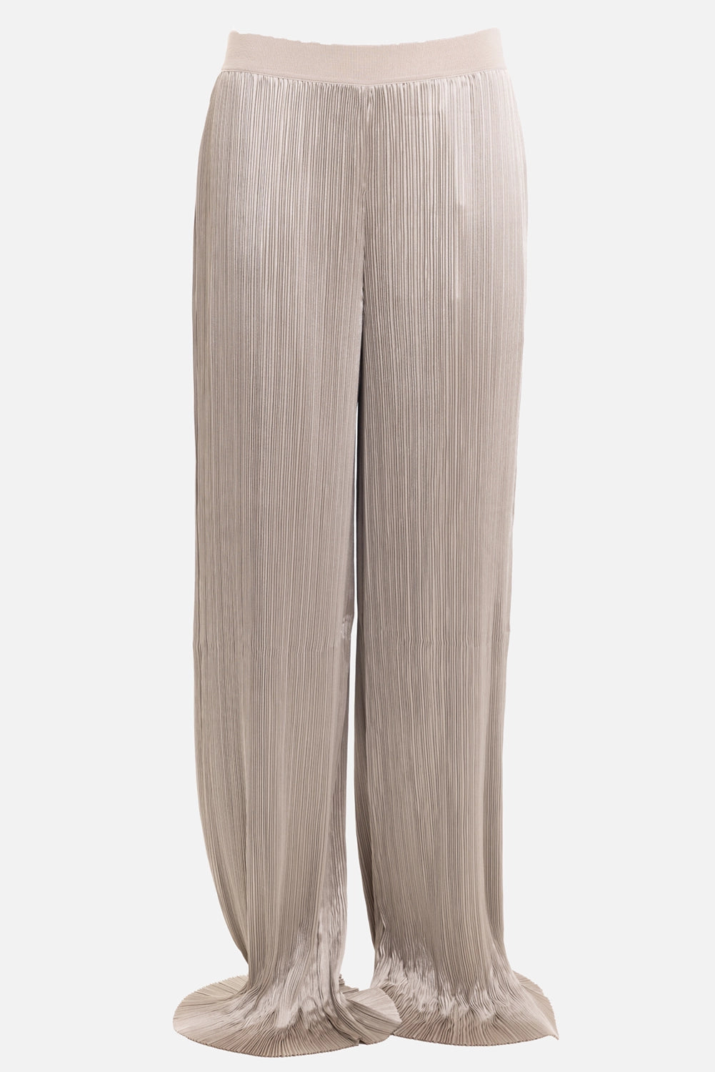 Joseph women's satin trousers in powder, front view with wide elastic waistband and fine vertical pleats
