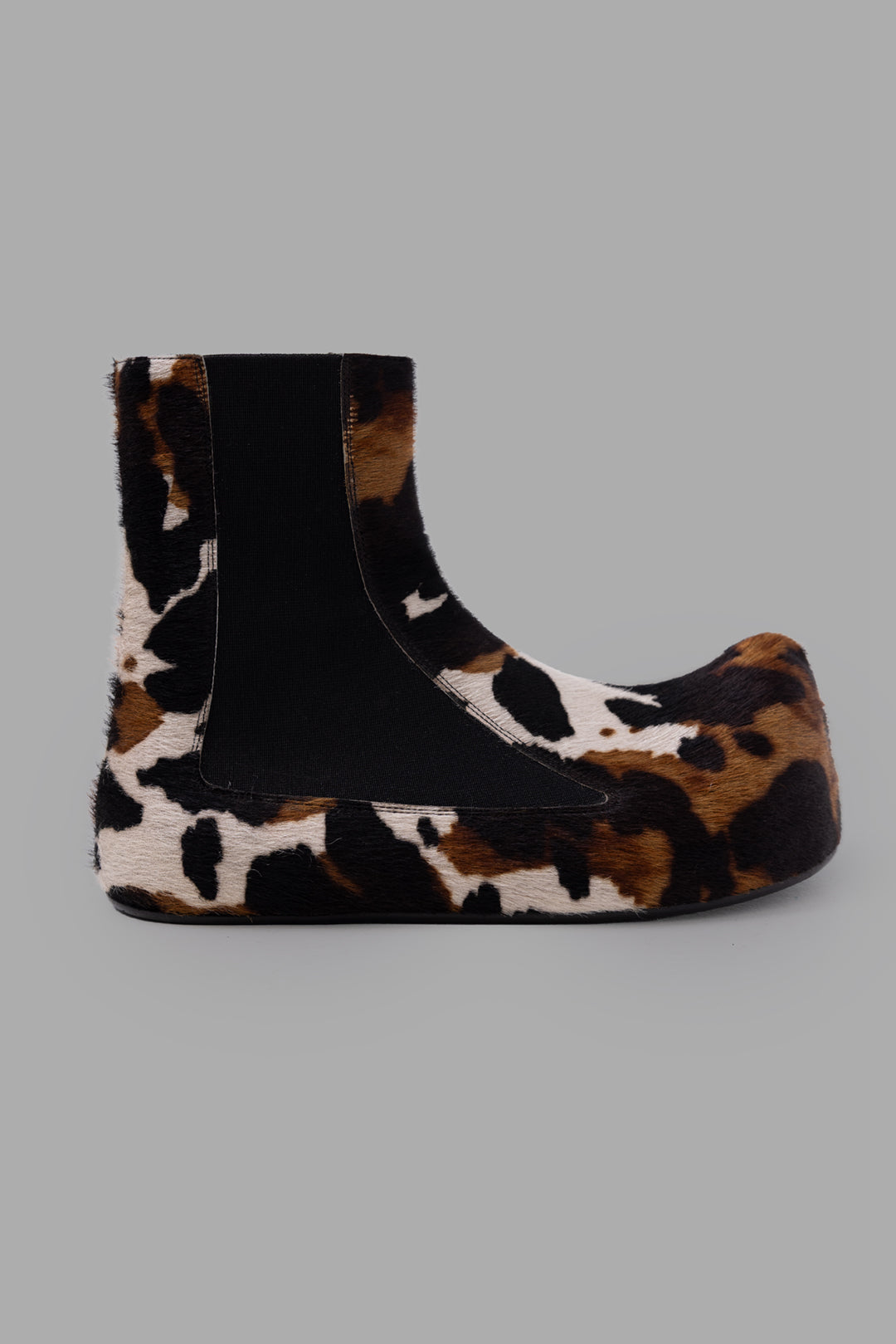 A.W.A.K.E. MODE women's multicolour pony leather ankle boots, side view with sculptural rounded toe and elastic panel.