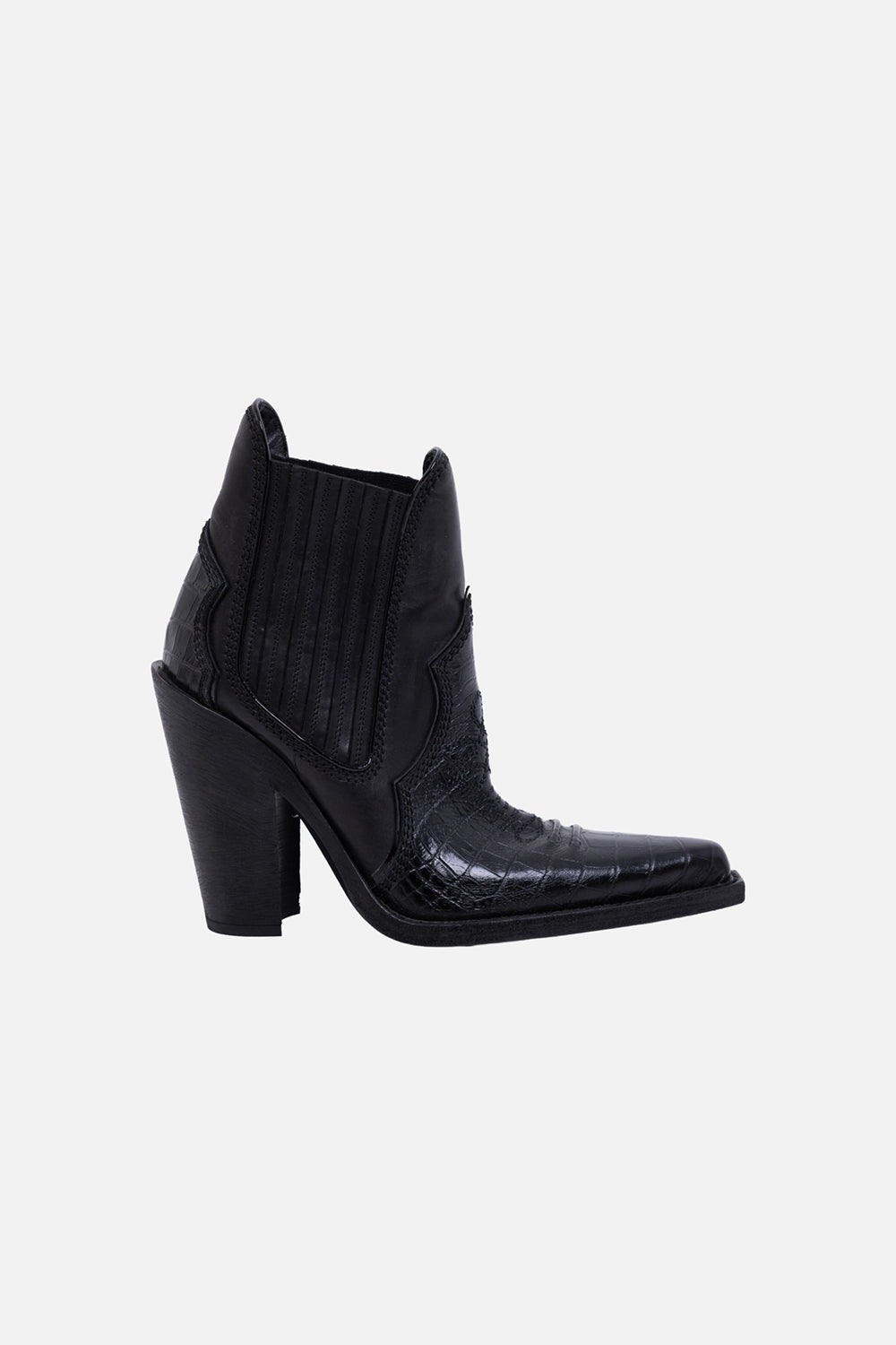 Pre-owned Dsquared2 women’s ankle boots in black, side view, croc-embossed inserts and ribbed elastic gusset