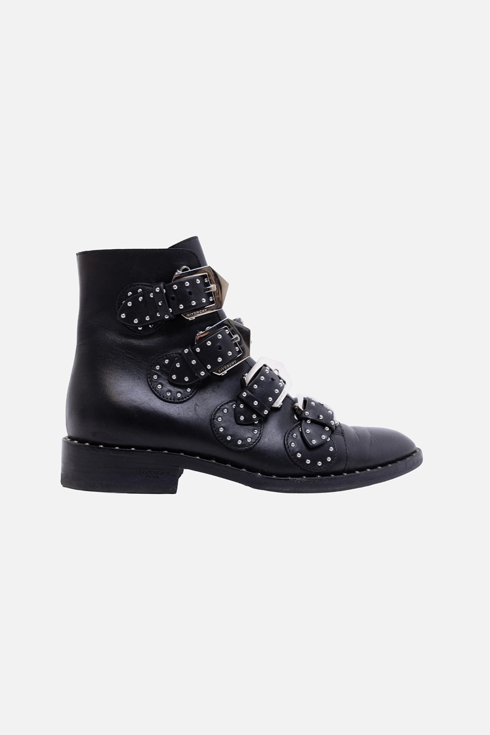 Pre-owned Givenchy ankle boots in black, side view, four studded buckle straps