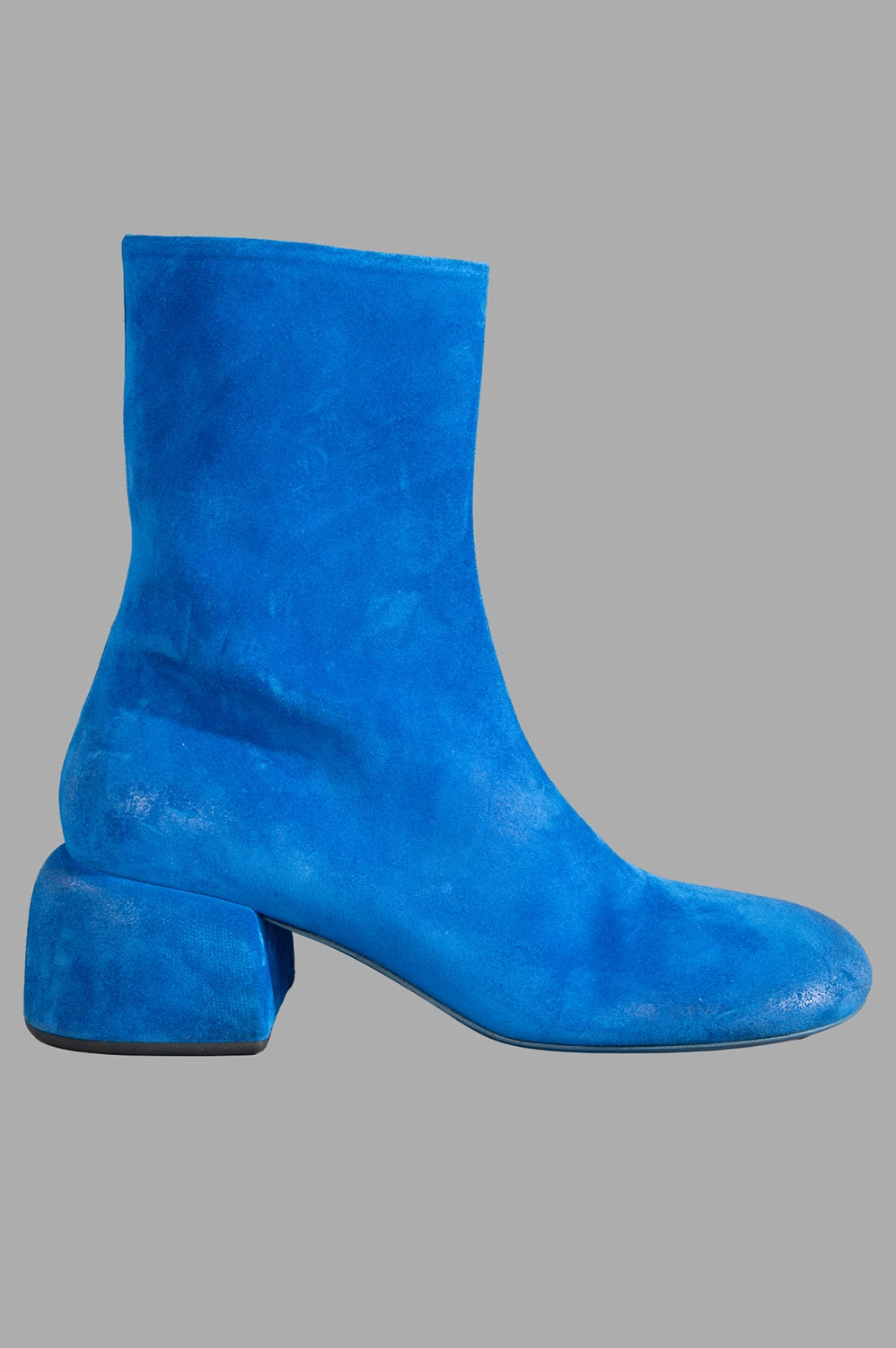 Marsèll ankle boots in electric blue, side view, reversed-calf leather and covered block heel