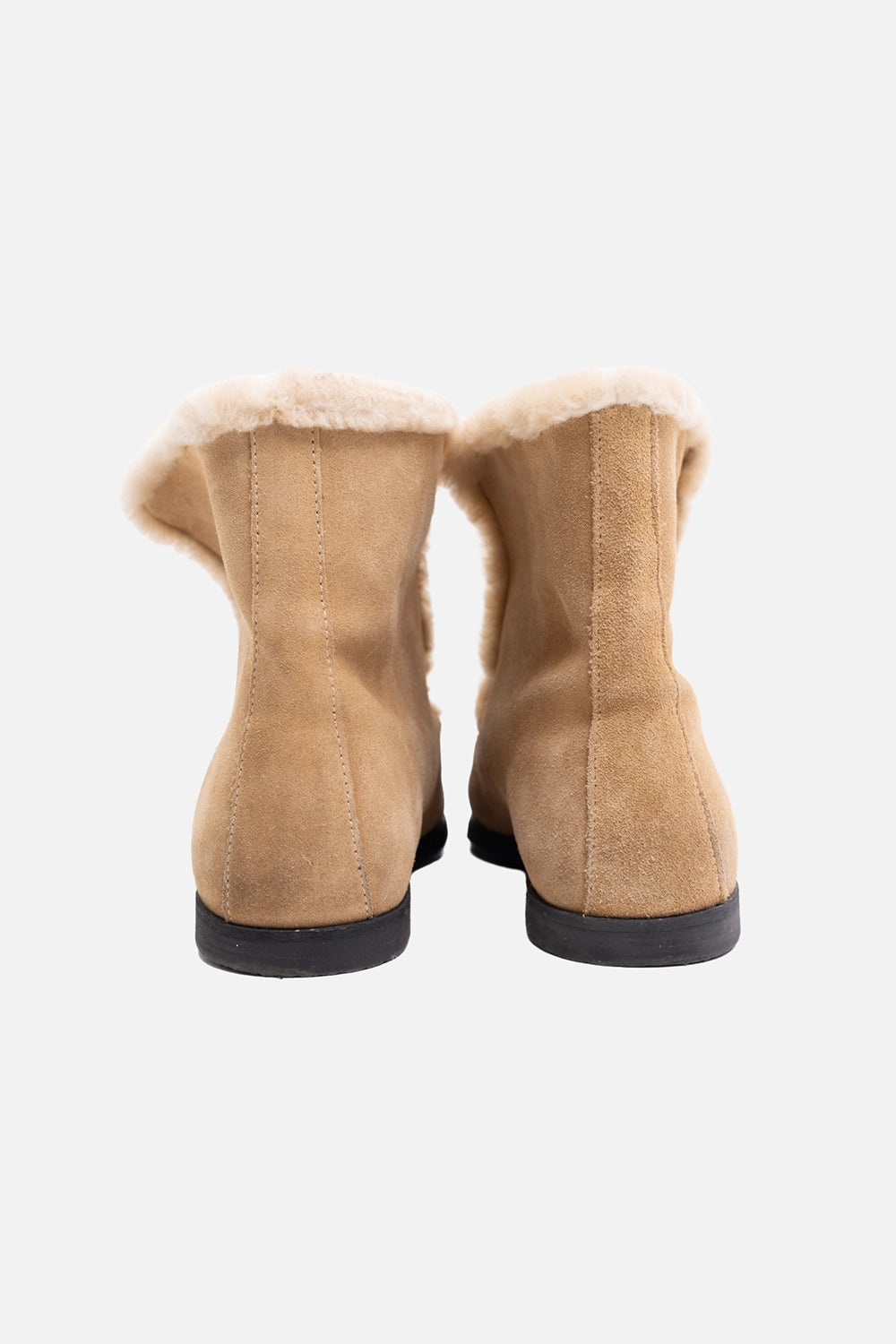 Pre-owned Toteme women’s ankle boots in tan, back view, fold-down shearling collars and rear seam