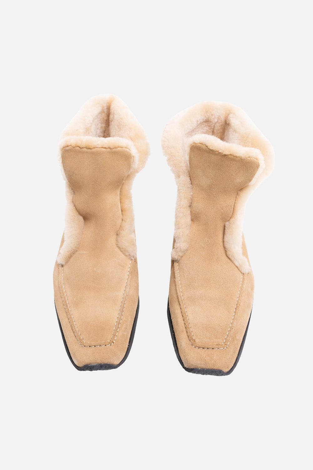 Pre-owned Toteme women’s ankle boots in tan, top view, square toe with apron stitching and shearling lining