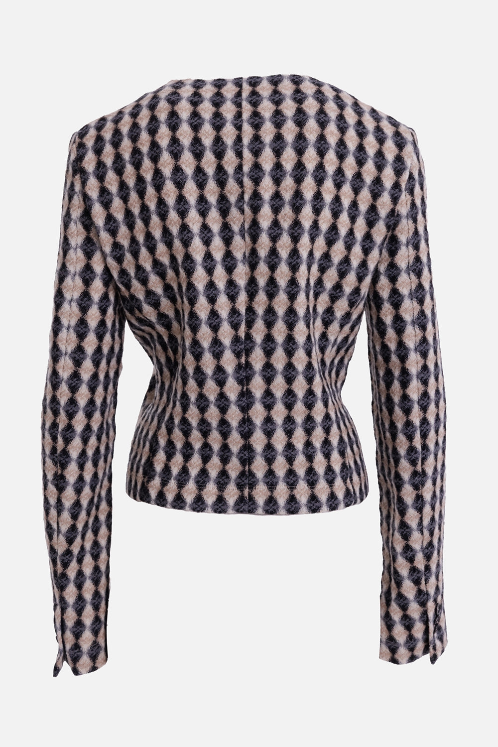 MSGM women's argyle wool jacket in beige and black, back view with shaped waist and continuous diamond pattern