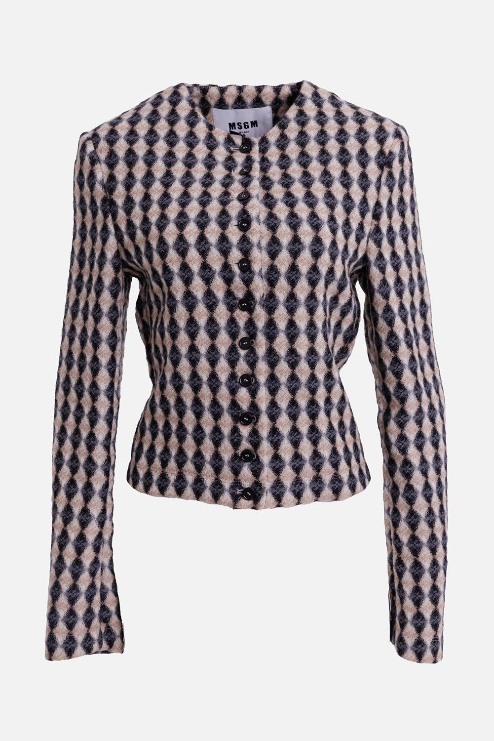 MSGM women's argyle wool jacket in beige and black, front view with collarless neckline and button closure