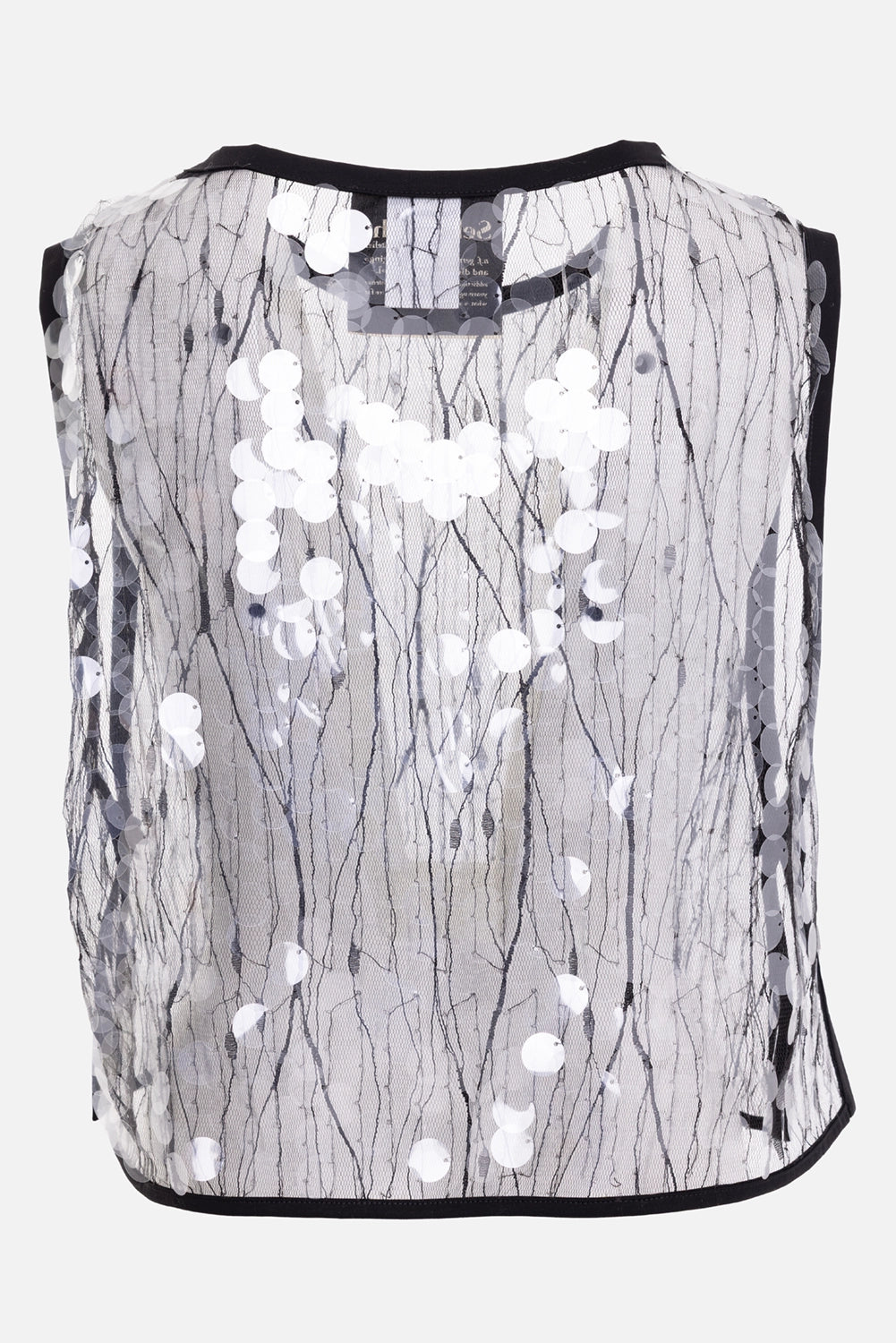 Sehnsucht Atelier women's Aria top in black silver, back view with sheer tulle and scattered disc sequins