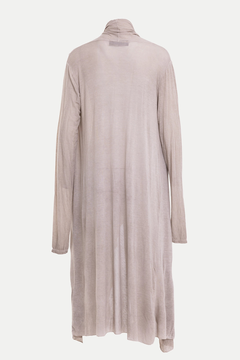 La Haine Inside Us women's cardigan in mud, back view, sheer long body and narrow sleeves