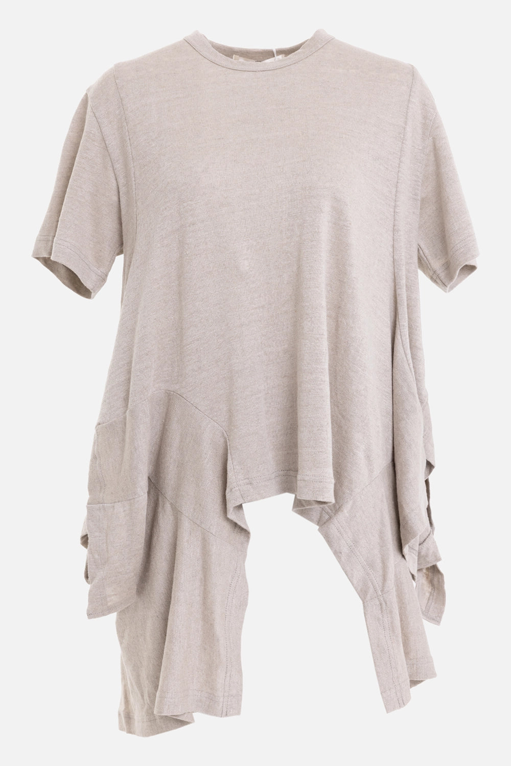 Comme des Garçons women's linen T-shirt in ecru, front view, crew neck and layered side drape
