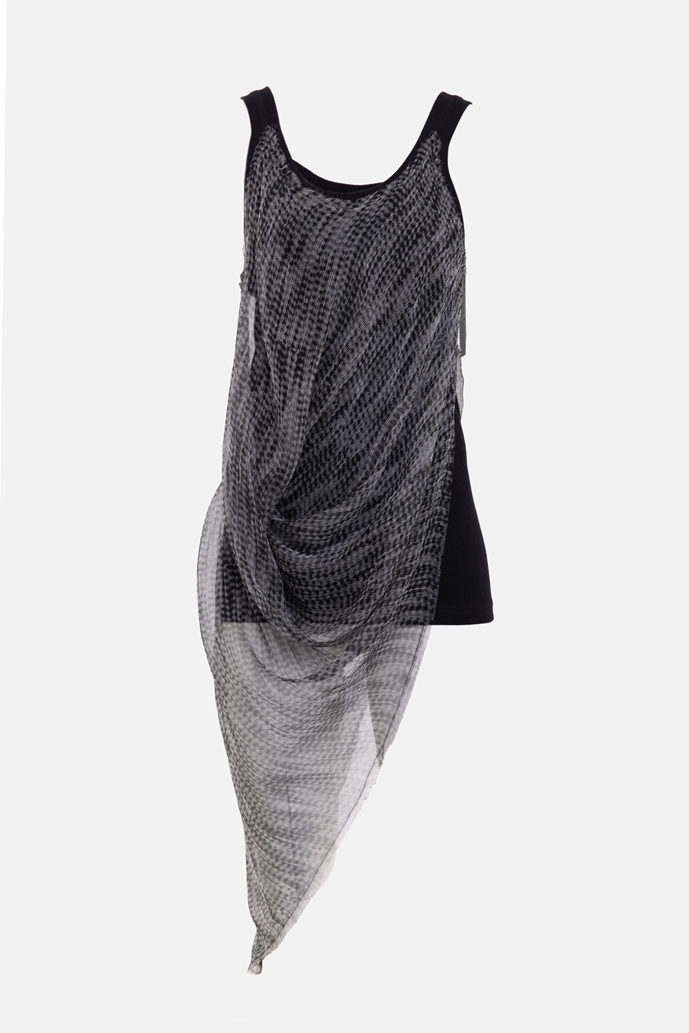 Plus Zero women's draped tank top in white/black, front view, diagonal sheer overlay and black straps