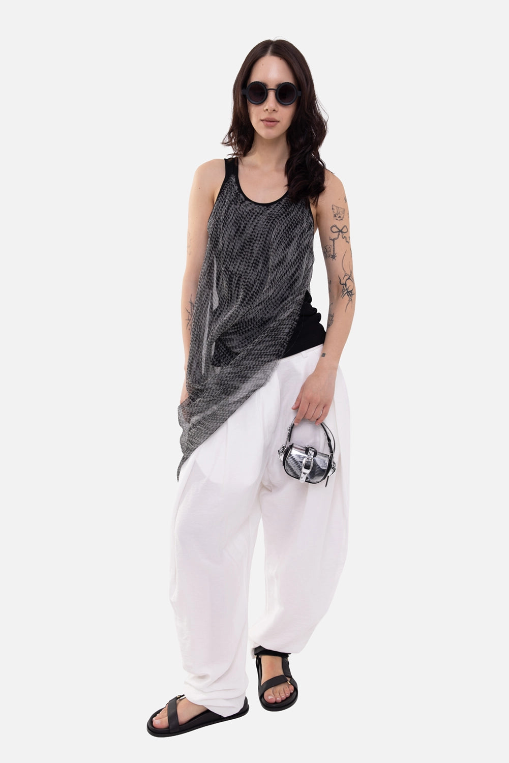 Plus Zero women's draped tank top in white/black, on-model full-length view, sheer checked overlay