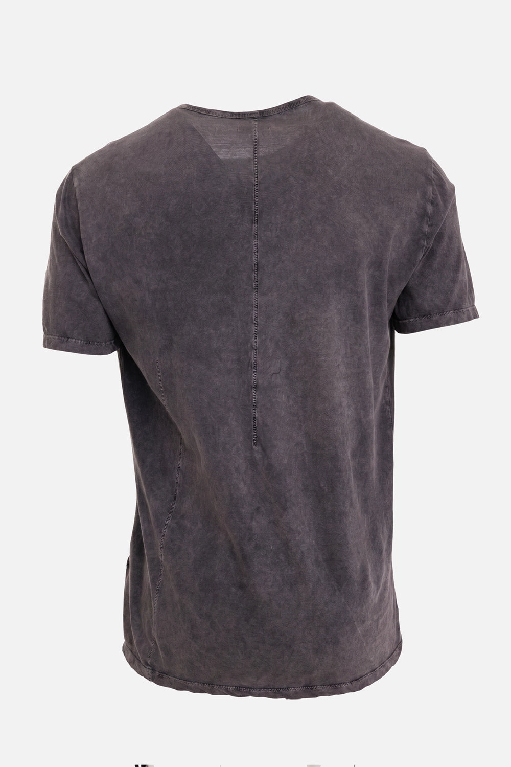 MD75 men's Asymmetric Henley T-Shirt in Brown Wash, back view with center seam and mottled stonewash