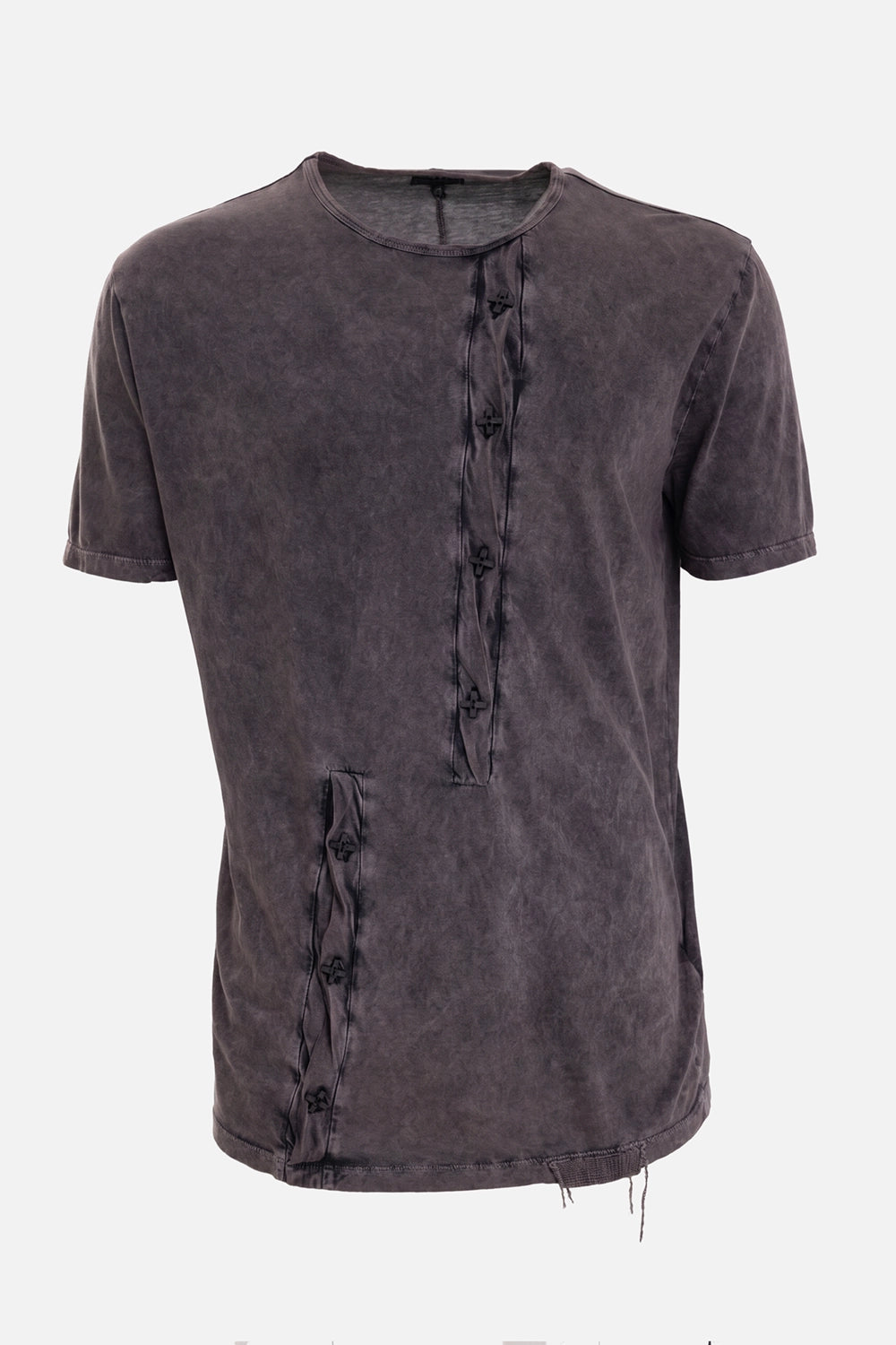 MD75 men's Asymmetric Henley T-Shirt in Brown Wash, front view with off-center cross-button plackets and raw hem