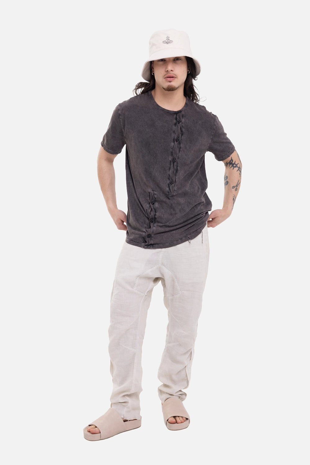 MD75 men's Asymmetric Henley T-Shirt in Brown Wash, on-model full-length with cross buttons and stonewashed finish