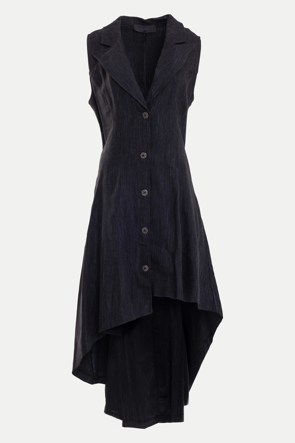 La Haine Inside Us women's dress in black, front view, notched lapels and asymmetric button placket