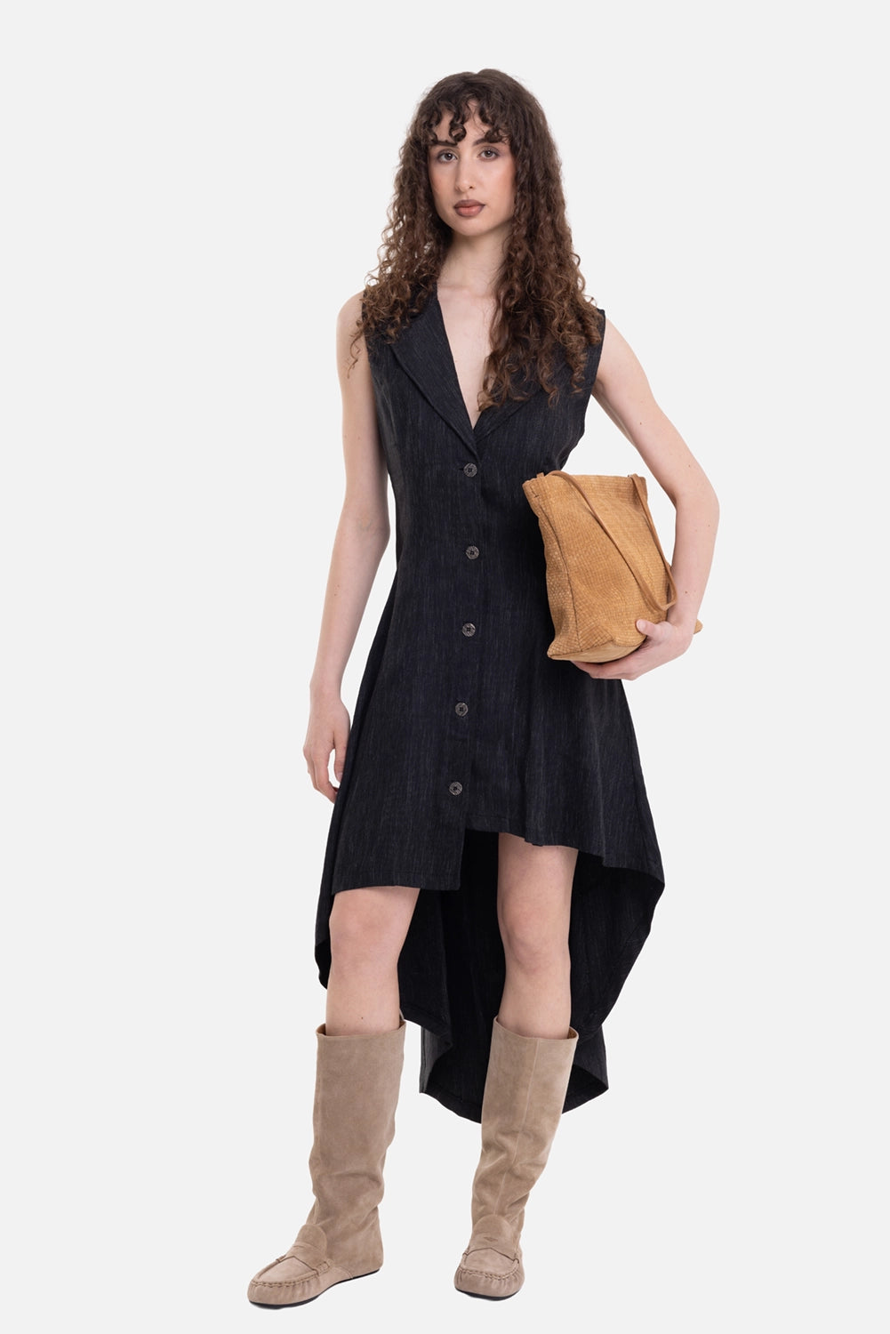 La Haine Inside Us women's dress in black, on-model full-length view, high-low hem and button front