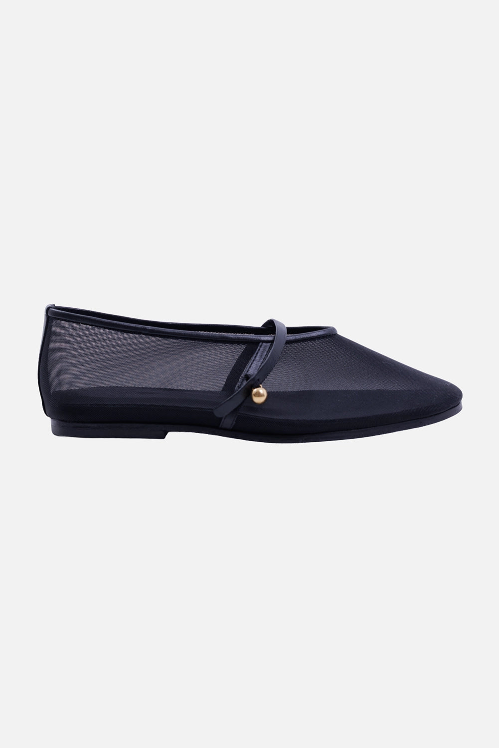 By Malene Birger women's mesh ballet flat in black, side view with pointed toe, sheer upper and gold-tone bead