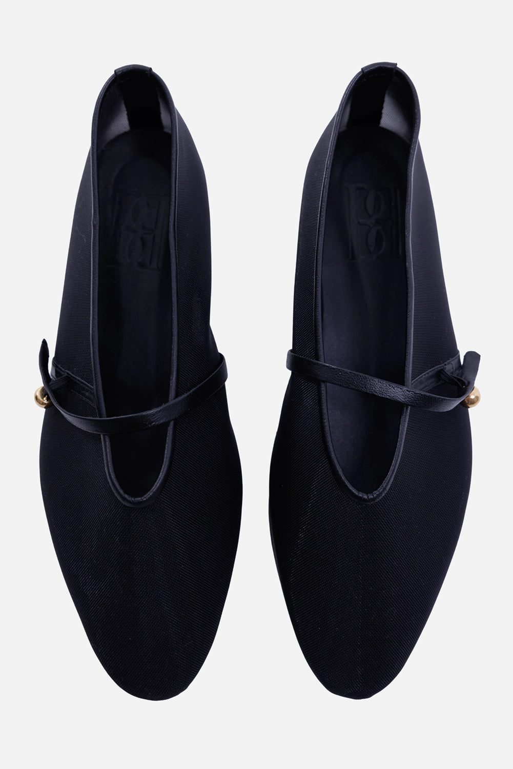 By Malene Birger women's mesh ballet flats in black, top view with sheer uppers and slim elastic vamp straps