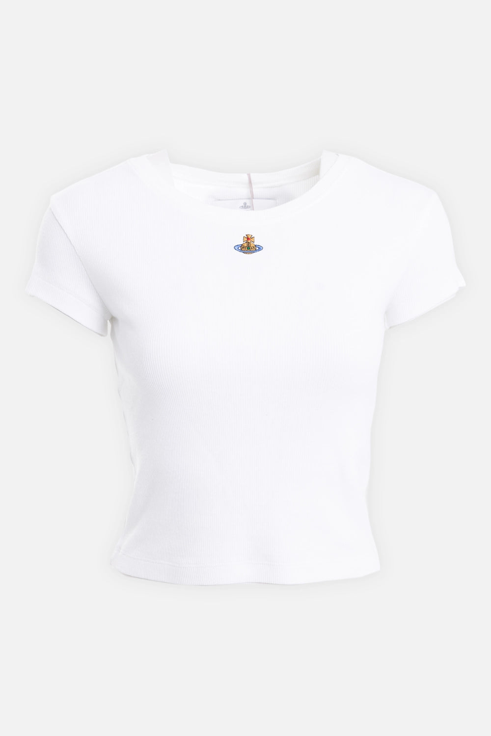 Vivienne Westwood women's Baby Peru T-shirt in White, front view, embroidered Orb and ribbed jersey