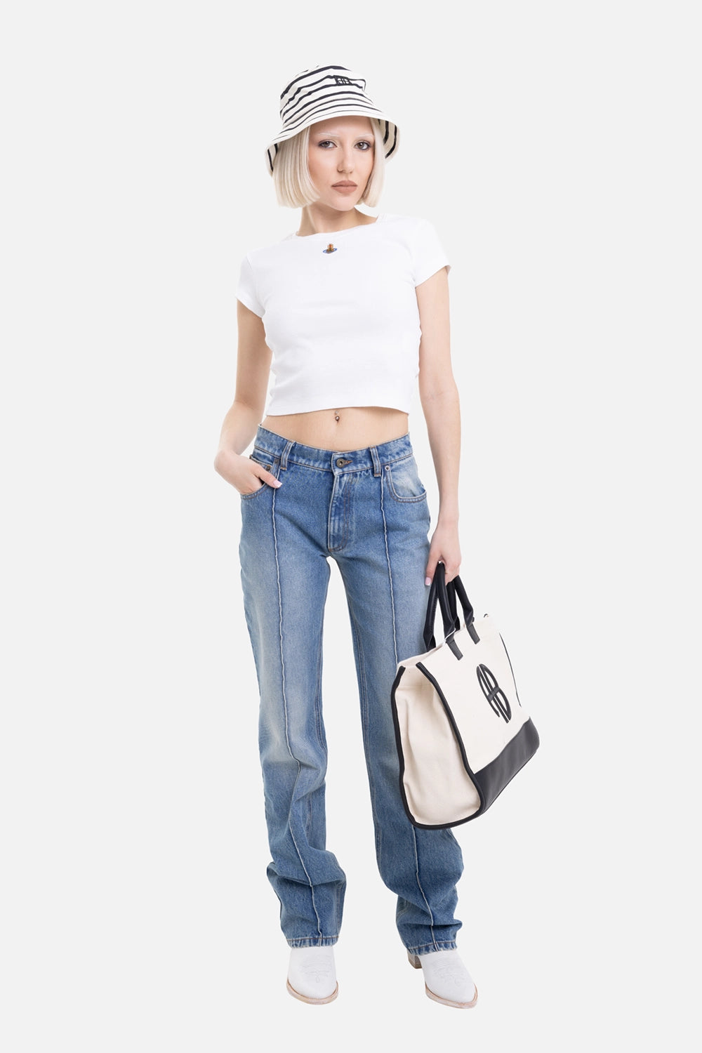 Vivienne Westwood women's Baby Peru T-shirt in White, on-model full-length view, cropped fit with Orb logo