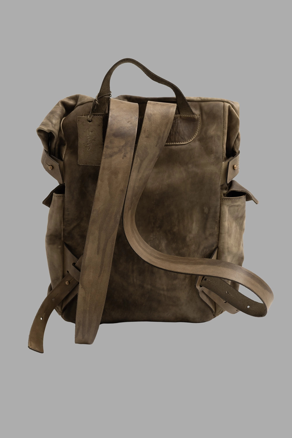 Shoto unisex leather rolltop backpack in dive khaki, back view with wide leather straps and top carry handle