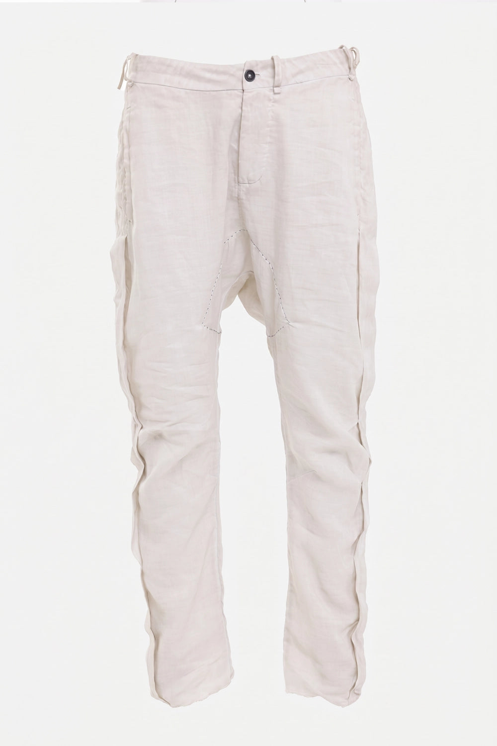 Masnada men's baggy ramie trousers in cement, front view, off-center fly and stitched crotch panel