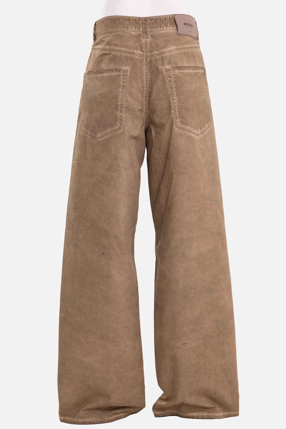 Uma Wang women's ball pants in tan, back view, rear patch pockets and leather logo patch