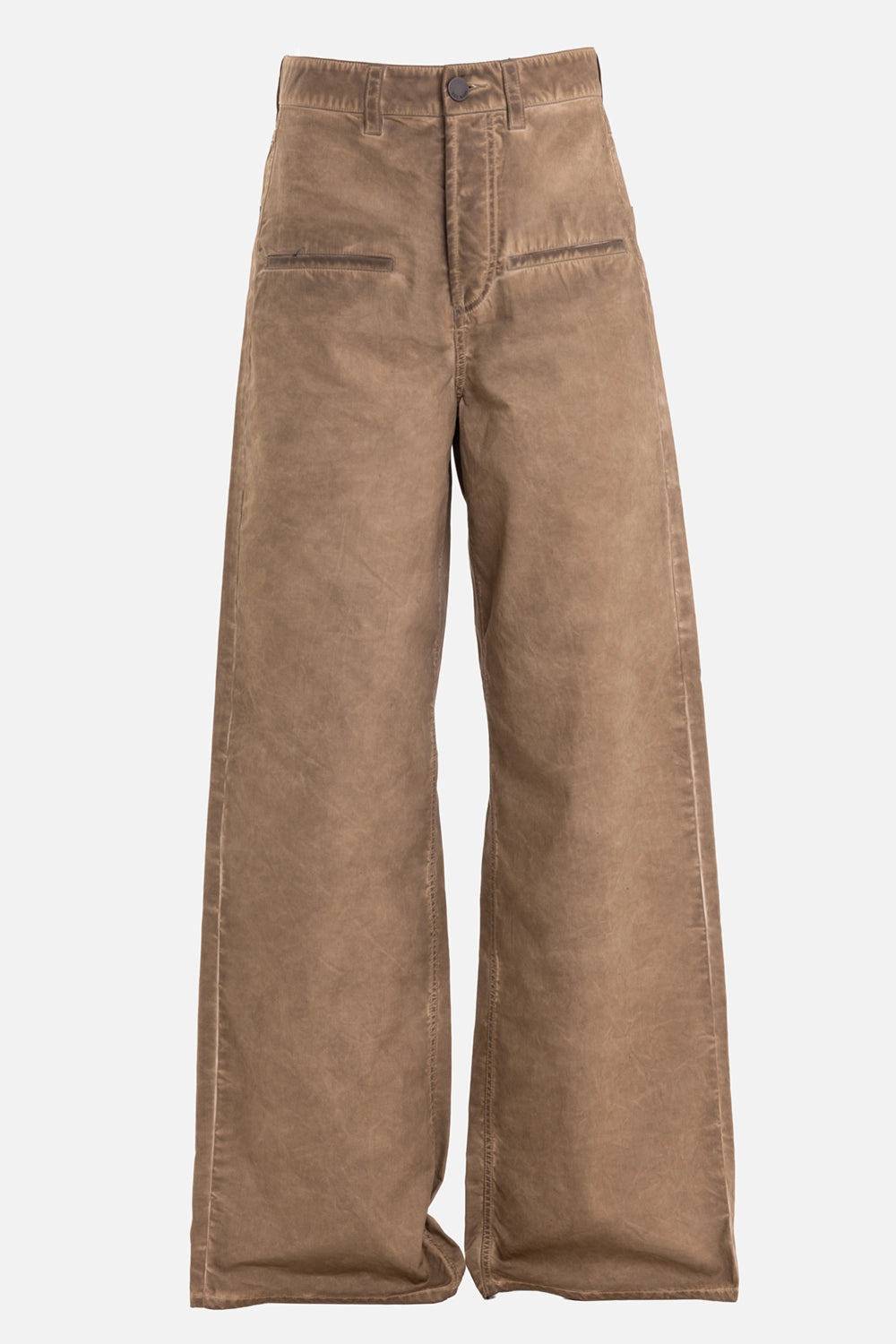 Uma Wang women's ball pants in tan, front view, high waist with front welt pockets and button fly