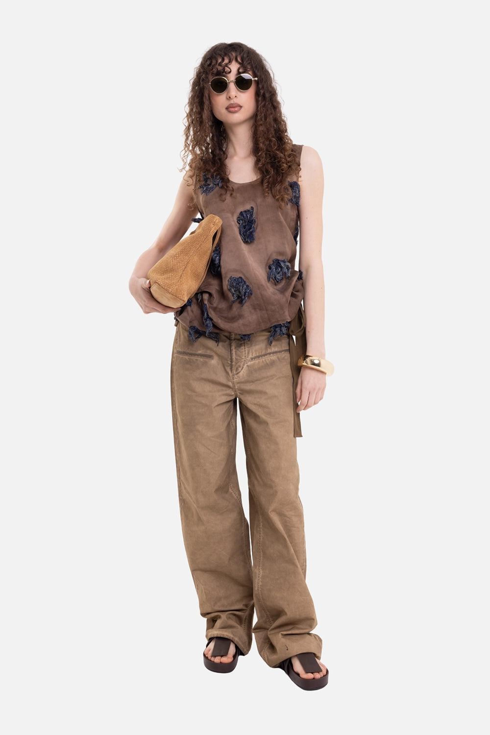 Uma Wang women's ball pants in tan, on-model full-length view, wide leg stacked over sandals