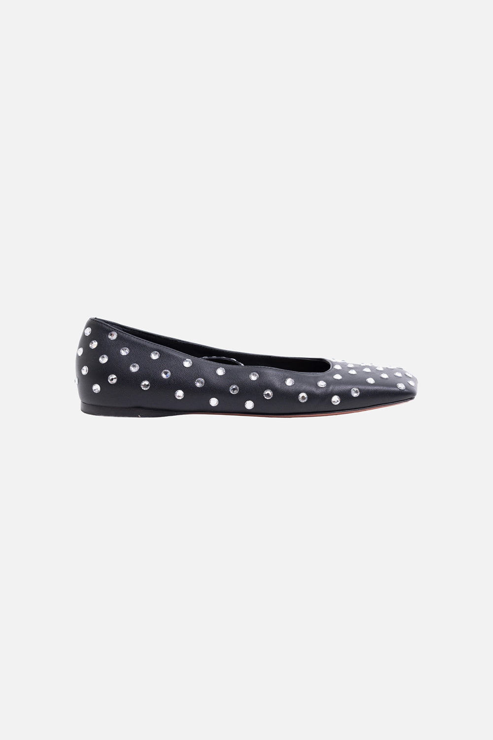 Pre-owned Amina Muaddi women’s ballet flats in black, side view, crystal-studded leather with low flat profile
