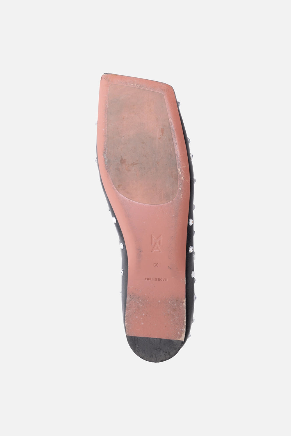 Pre-owned Amina Muaddi women’s ballet flats in black, sole view, leather outsole with MA monogram and size stamp