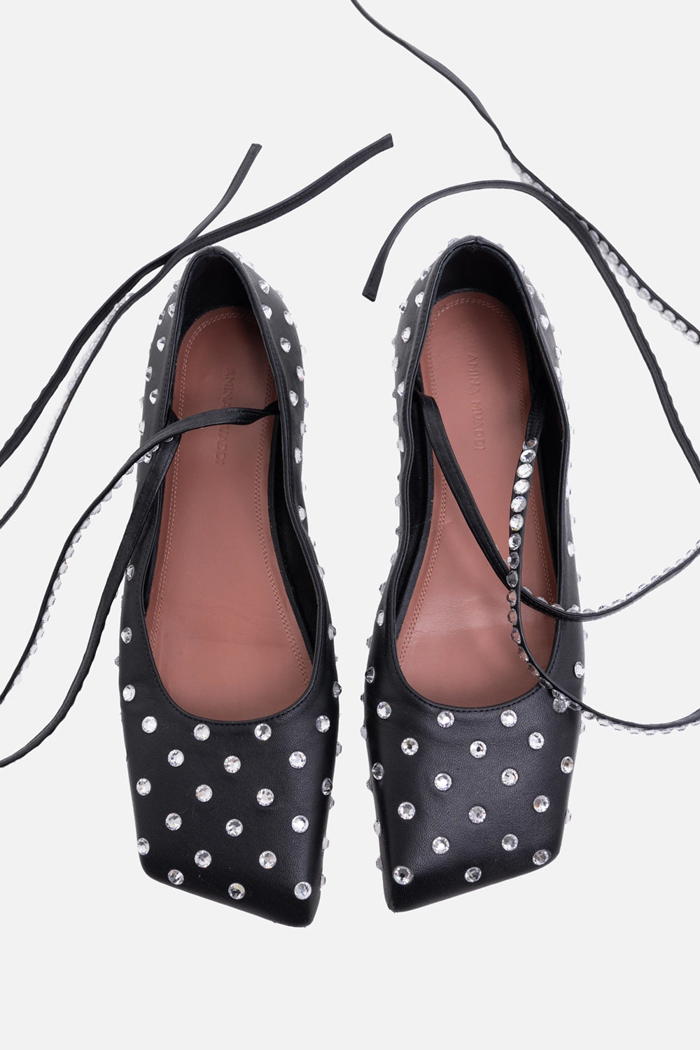 Pre-owned Amina Muaddi women’s ballet flats in black, top view, crystal-embellished upper with wraparound laces