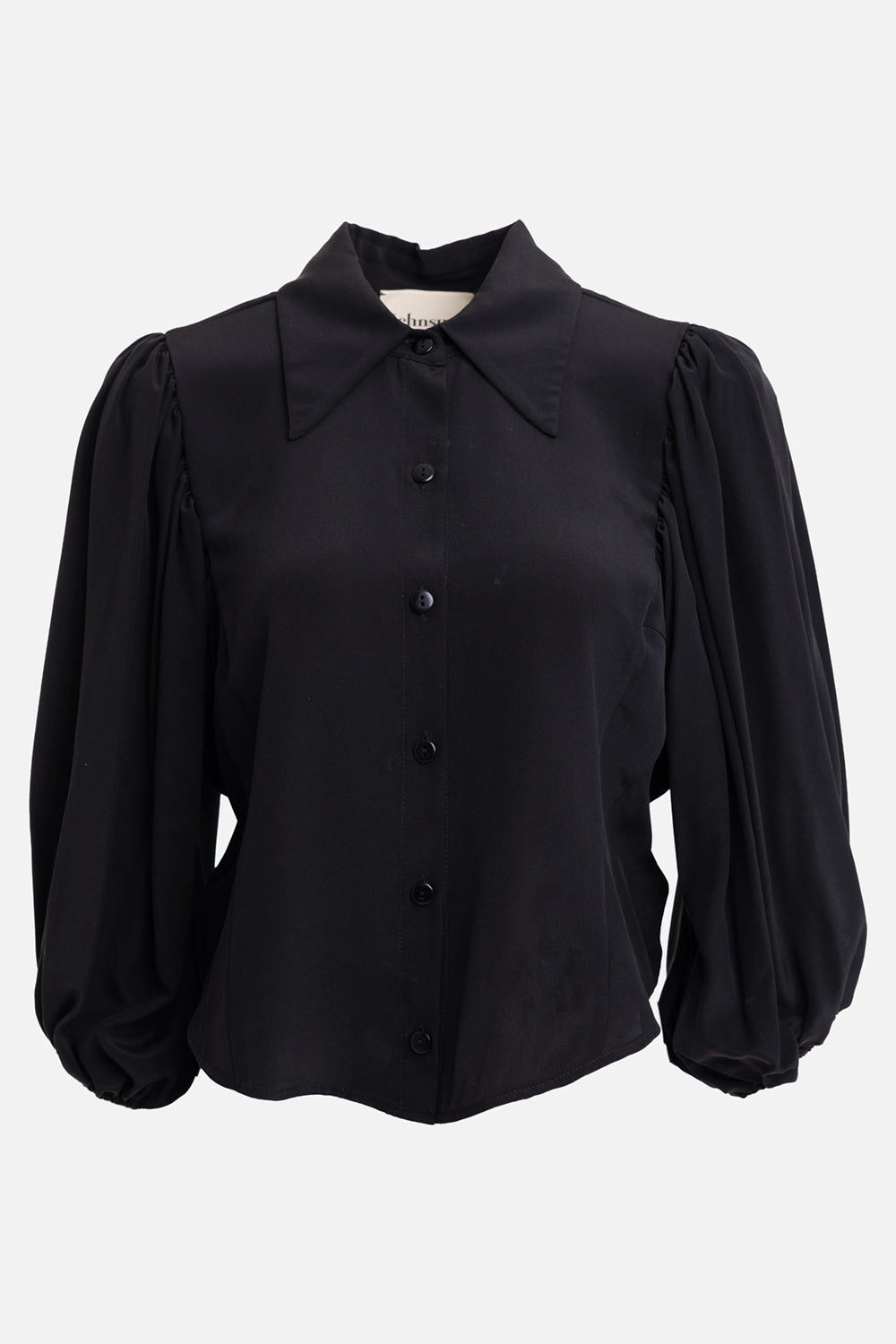 Sehnsucht Atelier women's cropped shirt in black, front view, pointed collar and gathered balloon sleeves
