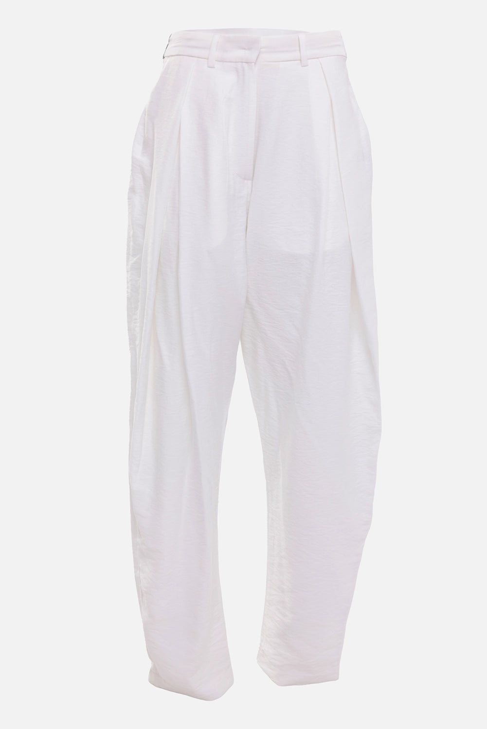 Giovanni Cavagna women's trousers in white, front view, pleated waist with belt loops and soft rounded legs
